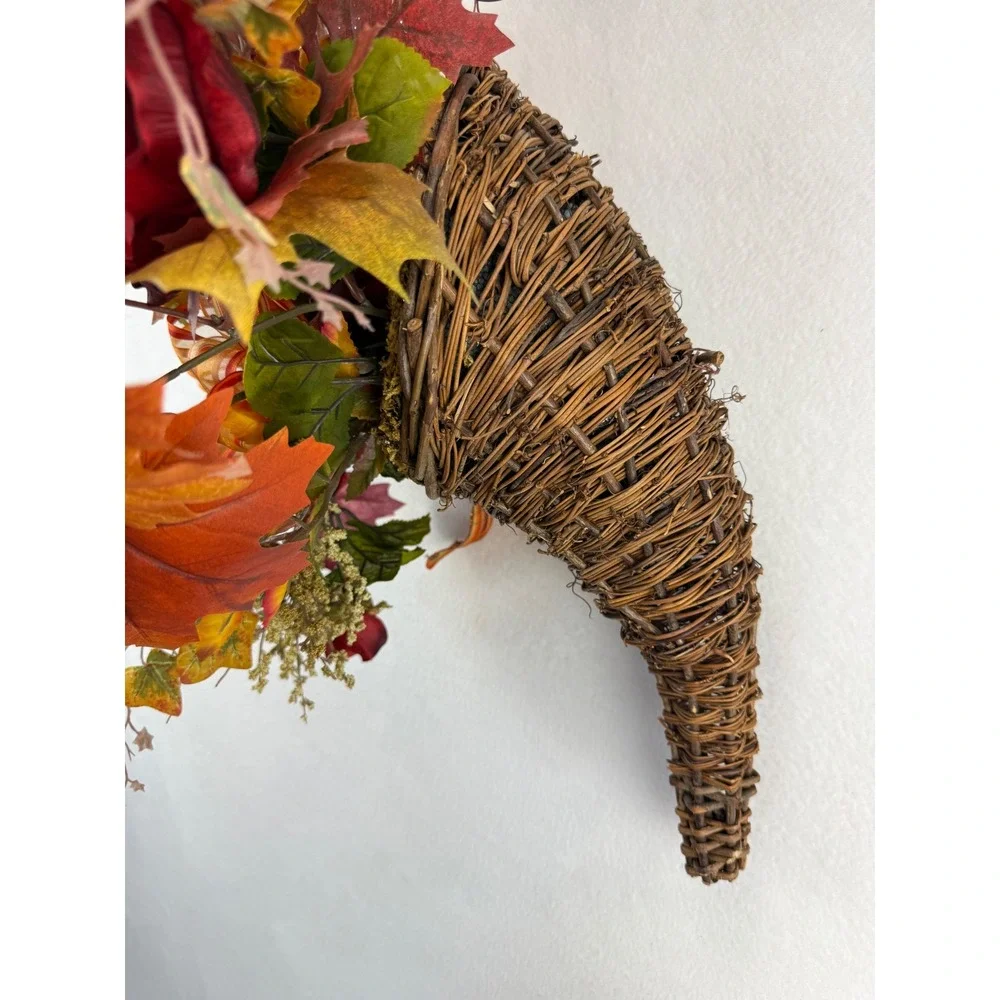 Fall Floral Cornucopia Wicker Basket Red Roses Pumpkin Harvest Decor
